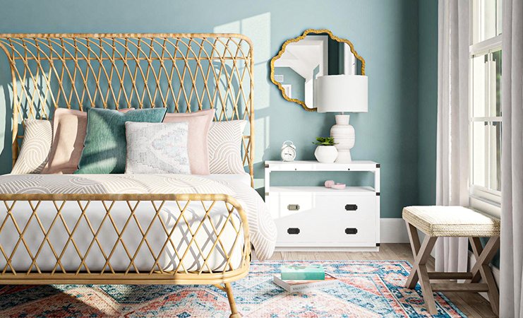 This fun teal color of the year is perfect for a bedroom.