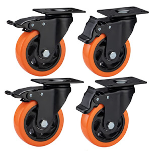 Set of 4 Heavy Duty Orange Polyurethane Castors